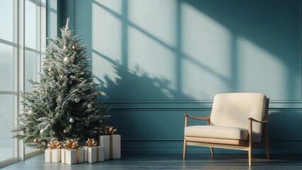 Beautiful Christmas tree with gifts near chair and dusty blue textured wall. Monochrome empty living room Wall scene mockup. Promotion background. Video - Powered by Adobe