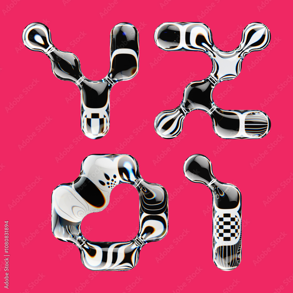 Poster set of 3d rendered font with abstract geometric shape and graphic pattern fill