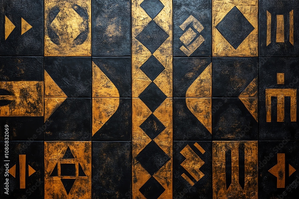 Poster a close-up of a geometric pattern on a wall, with black and gold squares and geometric shapes.