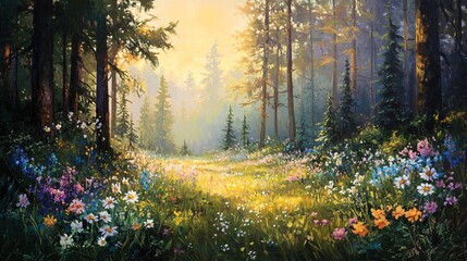 Sunlit Forest Clearing with Wildflowers