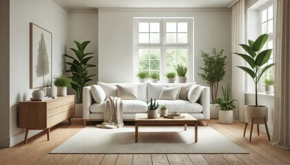 Bright Minimalist Living Room with Indoor Plants.