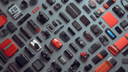 Assortment of Black and Red Camera Accessories on a Gray Background