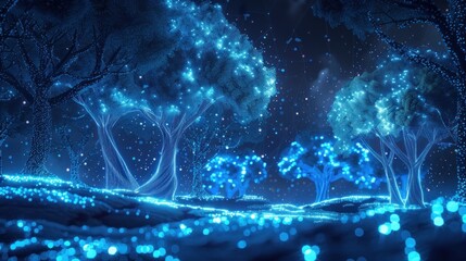 Fototapeta premium A magical forest at night with glowing blue trees and a starry sky.