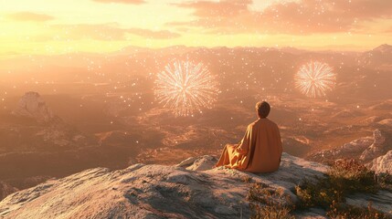 Obraz premium Solitary Watcher Enjoys Fireworks From Mountain Peak