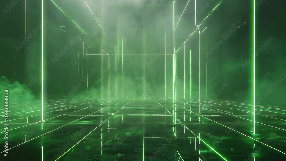 Poster bright green laser beams forming a grid pattern on a dark, foggy background, adding depth to the vis