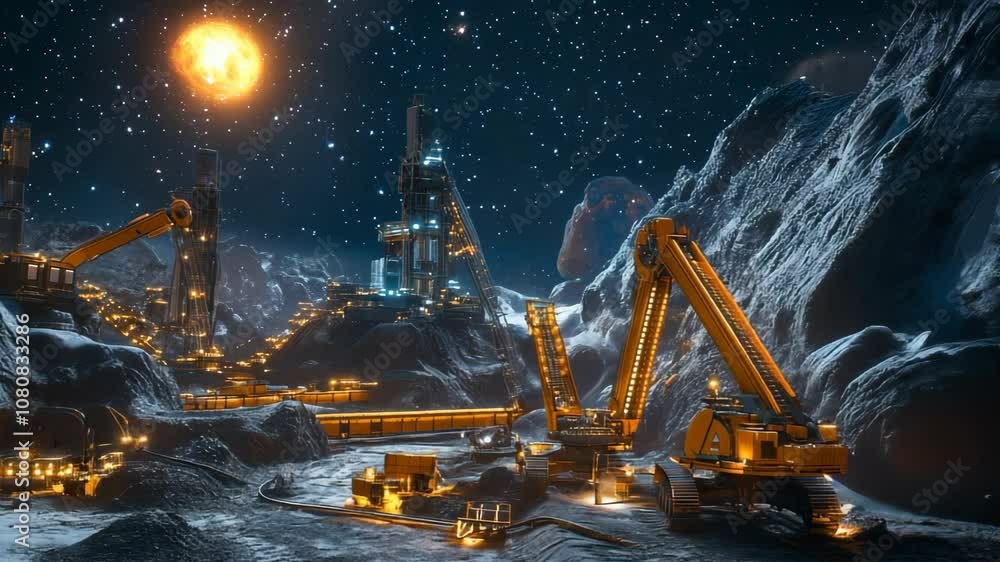 Poster excavators are mining ore on the surface of the moon with a space base in the background, under a st