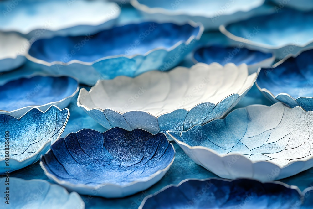 Poster a close-up shot of many small blue and white ceramic bowls arranged in a pattern on a blue backgroun