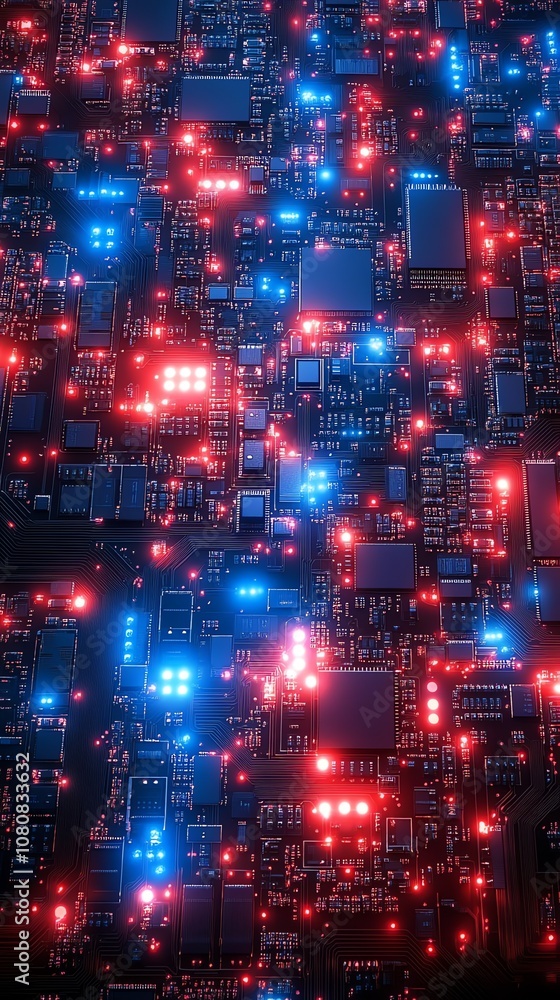 Aufkleber A close-up view of a circuit board with red and blue lights glowing.