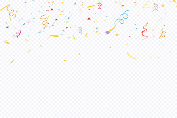 Confetti vector banner background with colorful ribbons. Anniversary, celebration, Colorful Bright Confetti Pieces Isolated On White Background