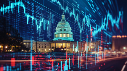 Capitol Building with real-time stock market data overlay, highlighting the impact of government decisions on the economy