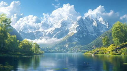 Fototapeta premium A stunning mountain range with snow-capped peaks, surrounded by lush greenery and a serene lake