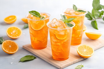 Refreshing Iced Citrus Beverages in Clear Cups Surrounded by Fresh Mint Leaves and Orange Slices for Vibrant Summer Vibes in Commercial Photography