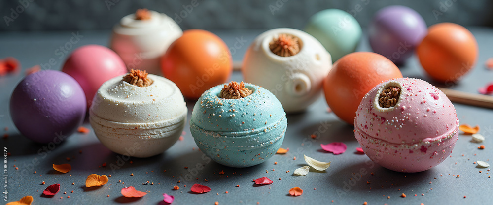 Poster a row of colorful bath bombs with flowers on top. the bath bombs are in different colors and sizes, 