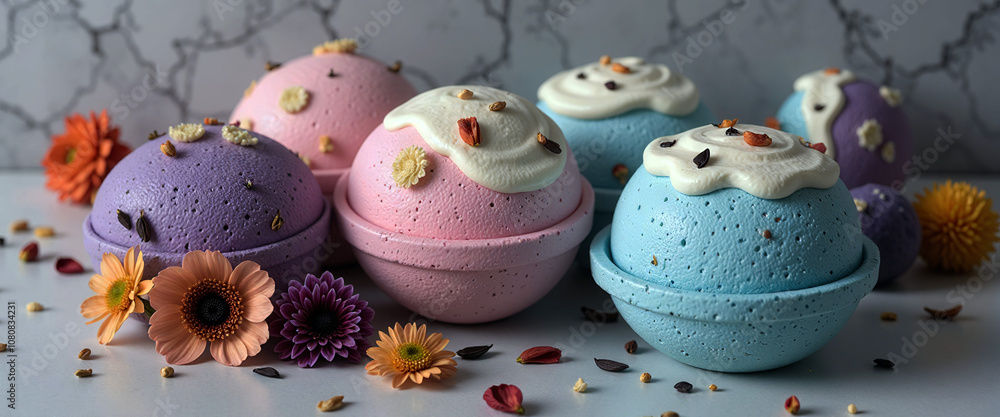 Poster a row of colorful bath bombs with flowers on top. the bath bombs are in different colors and sizes, 