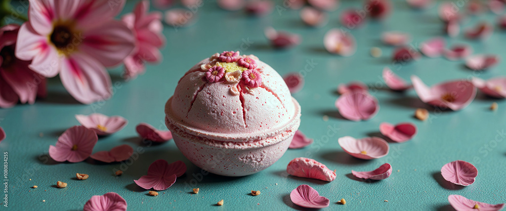 Poster a row of colorful bath bombs with flowers on top. the bath bombs are in different colors and sizes, 