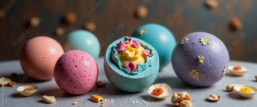Poster a row of colorful bath bombs with flowers on top. the bath bombs are in different colors and sizes, 
