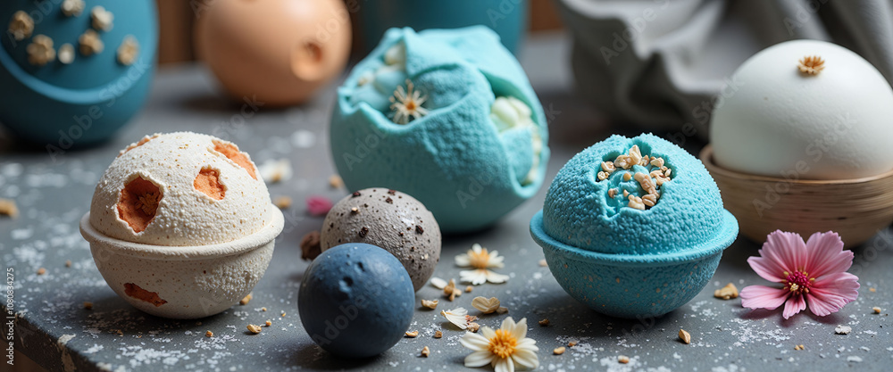 Poster a row of colorful bath bombs with flowers on top. the bath bombs are in different colors and sizes, 