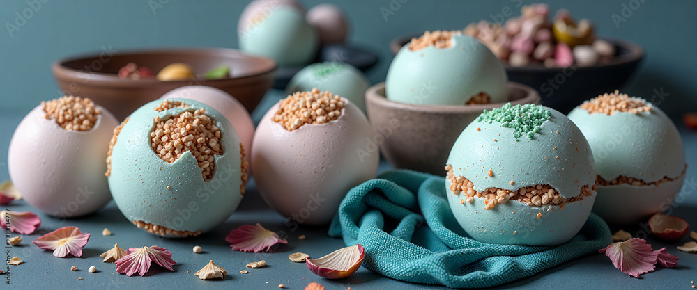 Poster a row of colorful bath bombs with flowers on top. the bath bombs are in different colors and sizes, 