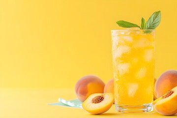 Fototapeta premium Refreshing Iced Peach Beverage with Mint Garnish on a Bright Yellow Background Perfect for Summer Promotions and Commercial Use in Food Photography