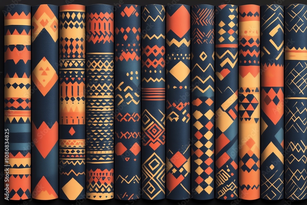 Poster a collection of twelve seamless patterns in orange, yellow, and blue colors, arranged in a row, with