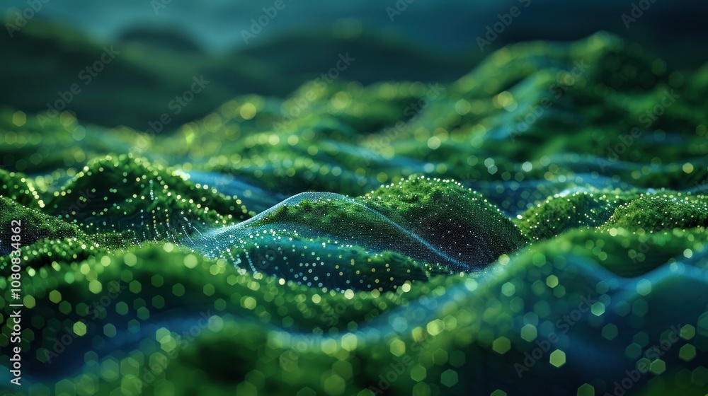 Poster abstract green hills with bokeh effect in the background.