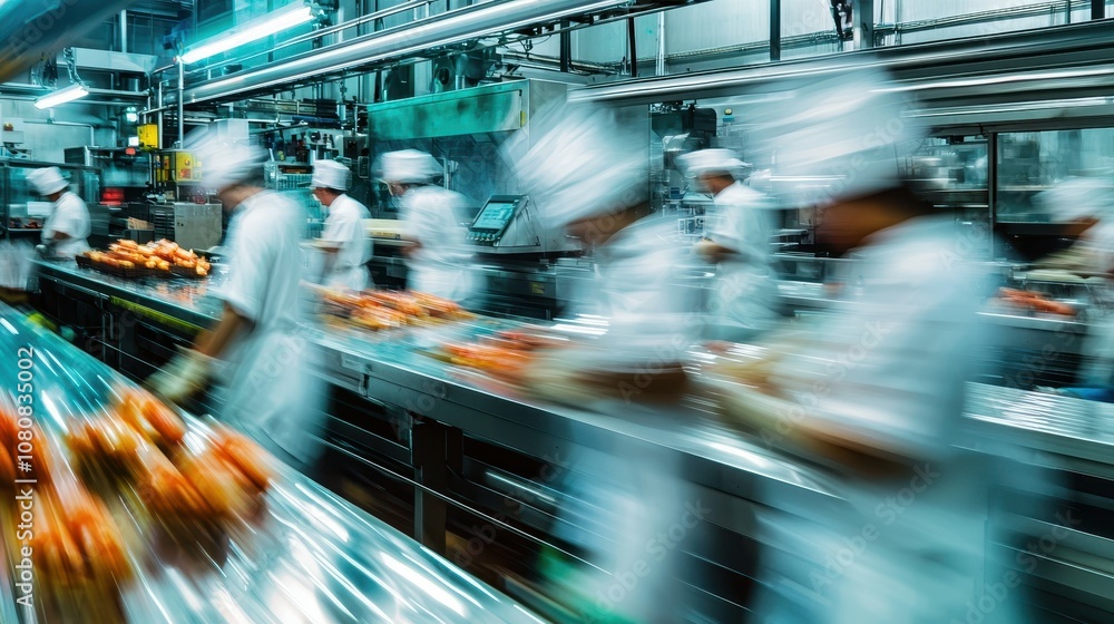 Poster workers operate in a fast-paced assembly line captured in motion at a production facility with fresh