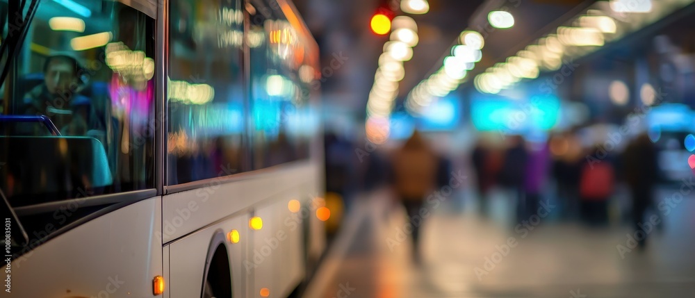 Poster blurred view of a packed bus station at night with vibrant bokeh lights creating a dynamic urban atm