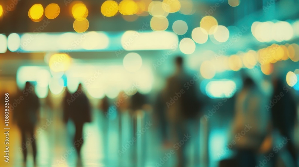 Poster blurred view of a busy airport security line with passengers waiting to be checked in a modern trave