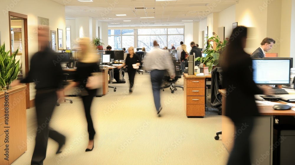Poster busy office environment scene with employees engaged in various tasks, conveying a dynamic and activ