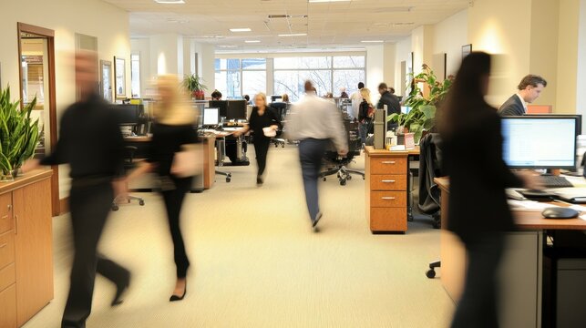 Busy office environment scene with employees engaged in various tasks, conveying a dynamic and active workspace atmosphere in a corporate setting