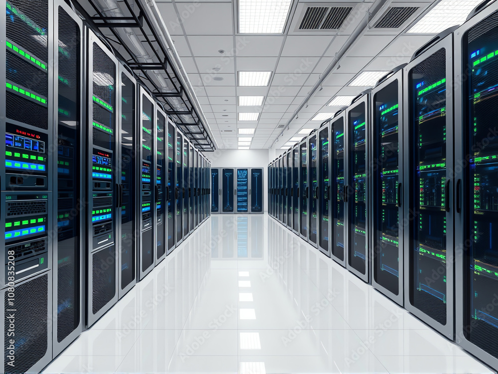 Poster modern data center with rows of servers and vibrant led lights in a spacious room during the day