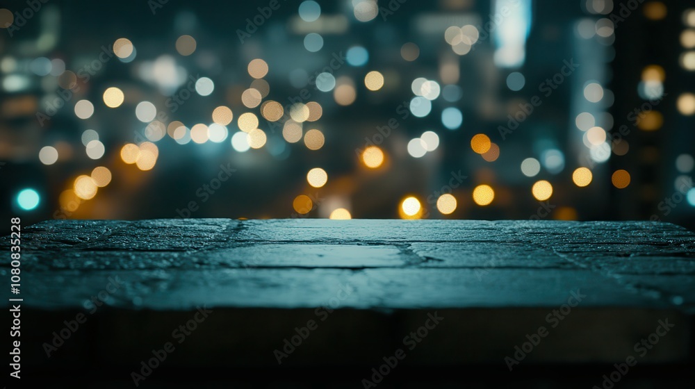 Aufkleber empty stone table with city lights in bokeh background, creating a tranquil atmosphere perfect for v