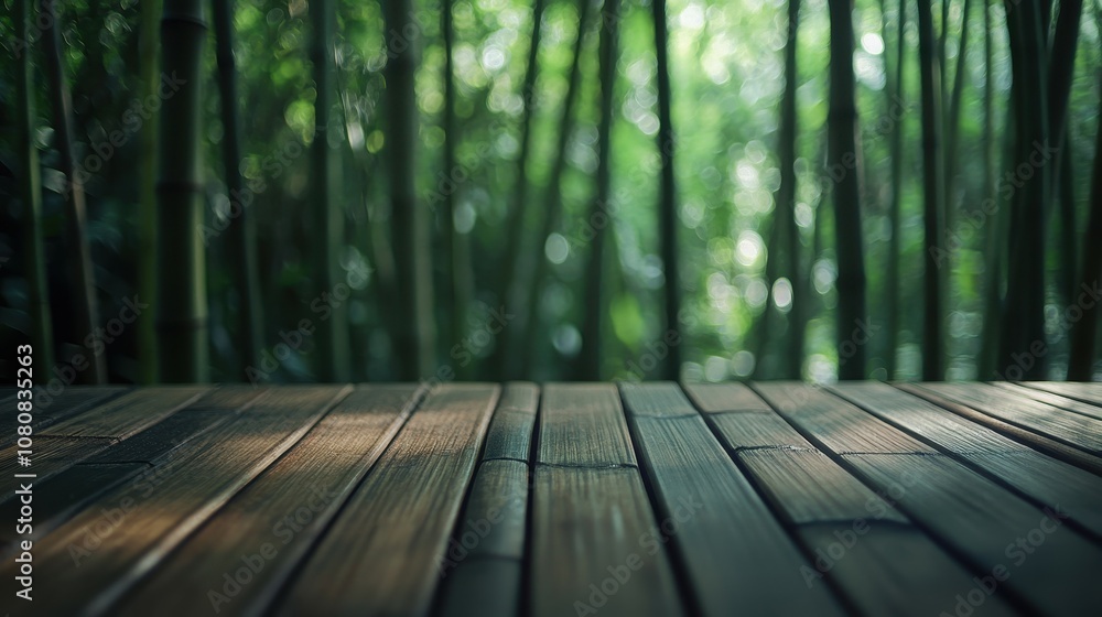 Poster serene empty wooden table surrounded by lush bamboo forest creating a calming atmosphere with beauti