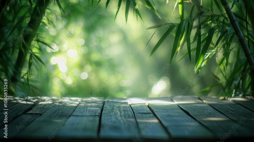 Poster serene empty wooden table surrounded by lush bamboo forest with soft bokeh background, perfect for c