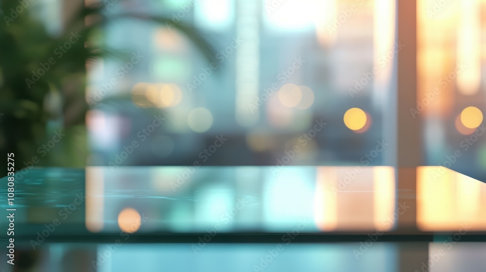 Poster modern empty glass table in stylish office with bokeh background and soft reflections, perfect for c