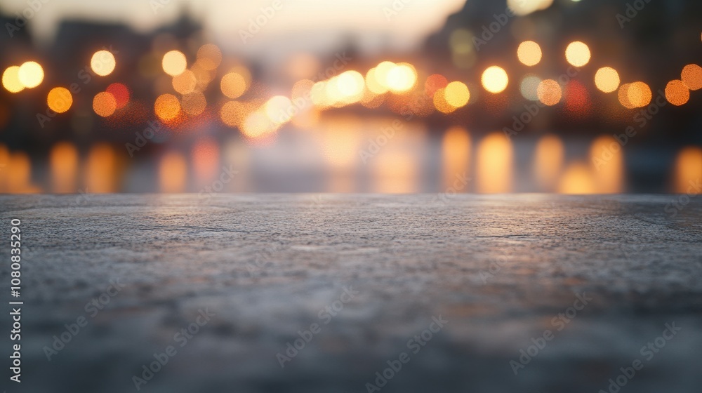 Aufkleber empty stone table with bokeh city lights in background, creating a serene and modern atmosphere for 