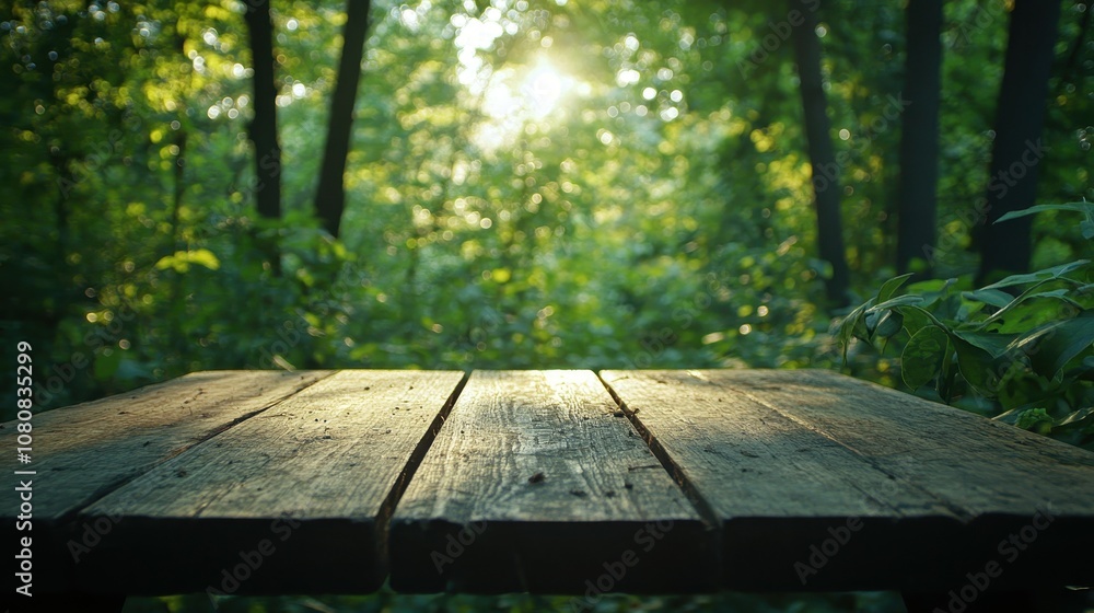 Poster empty wooden table in forest with bokeh background and sunlight streaming through trees creating a s