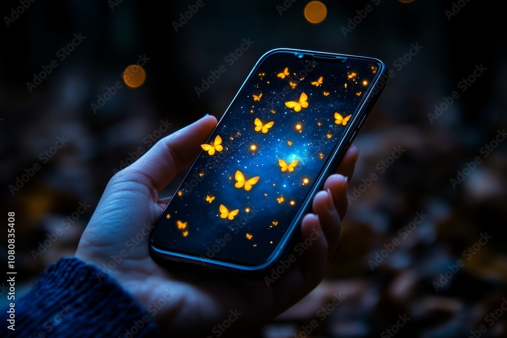 Aufkleber a magical phone with glowing symbols and enchanted text messages, set in a mystical forest