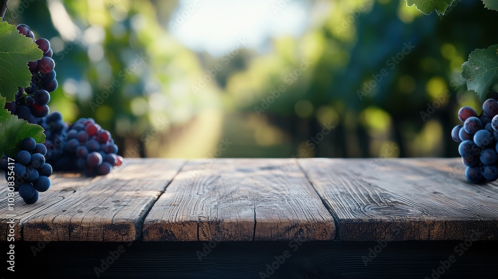 Poster rustic empty wooden table surrounded by grapes with a dreamy vineyard bokeh background capturing the