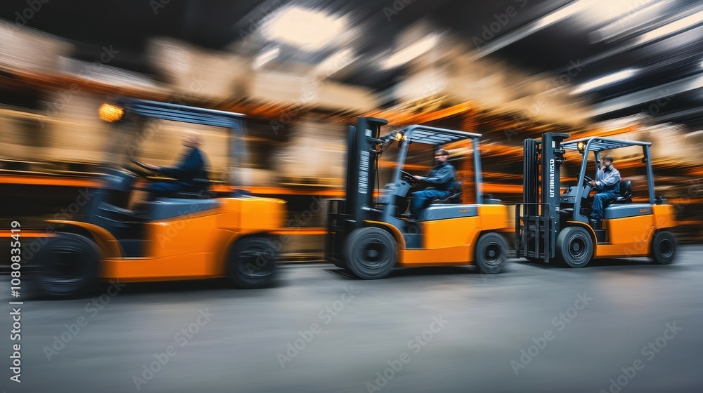 Poster fast-moving forklifts in a factory warehouse with blurred motion effect illustrating efficient mater