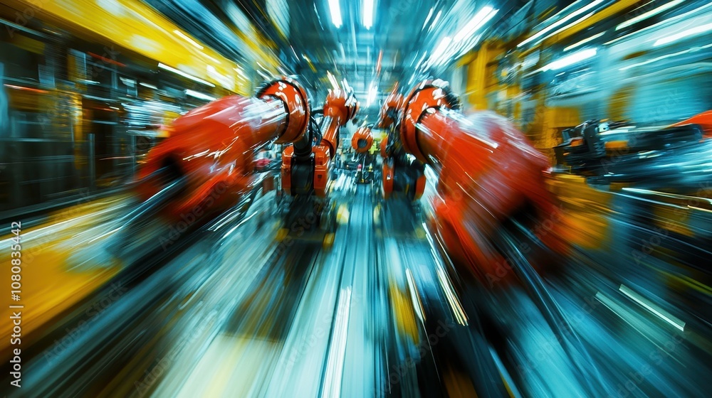 Poster high-speed industrial robotics in motion on a production floor enhancing manufacturing efficiency an