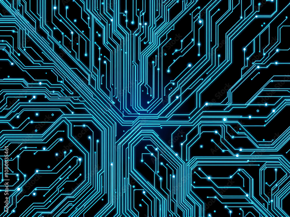 Poster intricate blue circuit board design demonstrating advanced technology and connectivity in a digital 