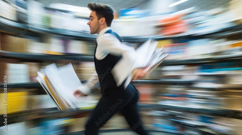 Poster young office worker rushing between desks while carrying important files in a busy workspace setting