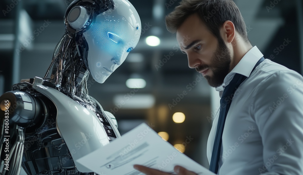 Poster Participating in a business discussion with an engaging humanoid robot can significantly enhance communication and collaboration, leading to more efficient document handling and innovative solutions