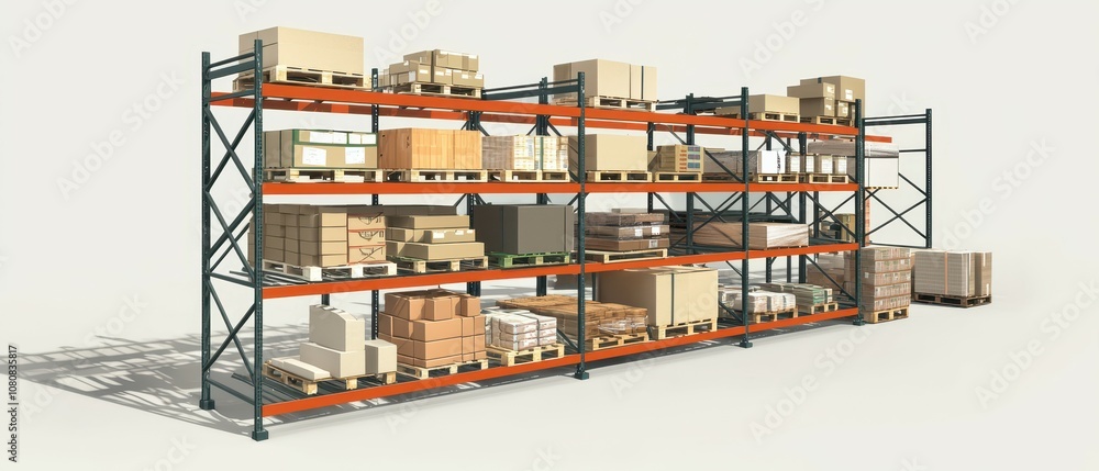 Poster organized warehouse racks with stacked boxes and pallets displaying efficient storage solutions in a