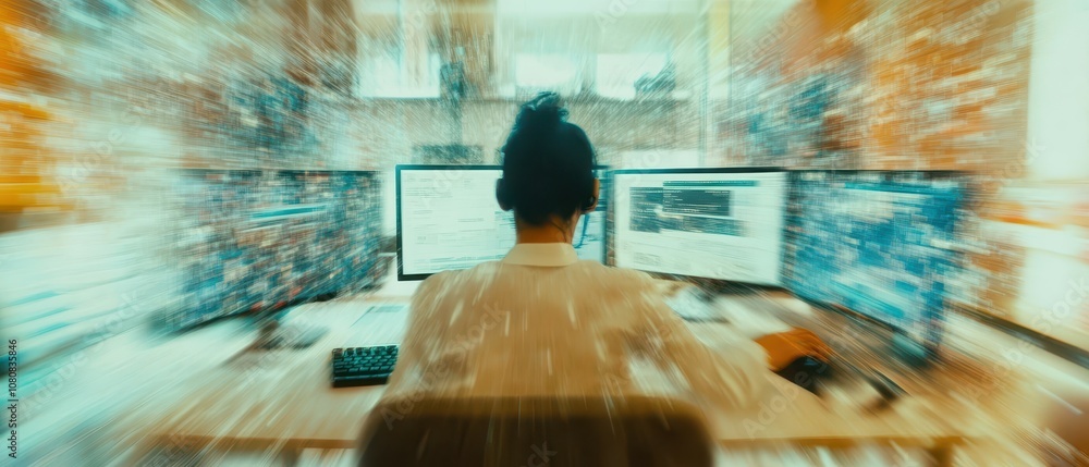 Poster Focused Worker with Multiple Blurred Chat Windows Engaging on Computer in a Modern Office Environment