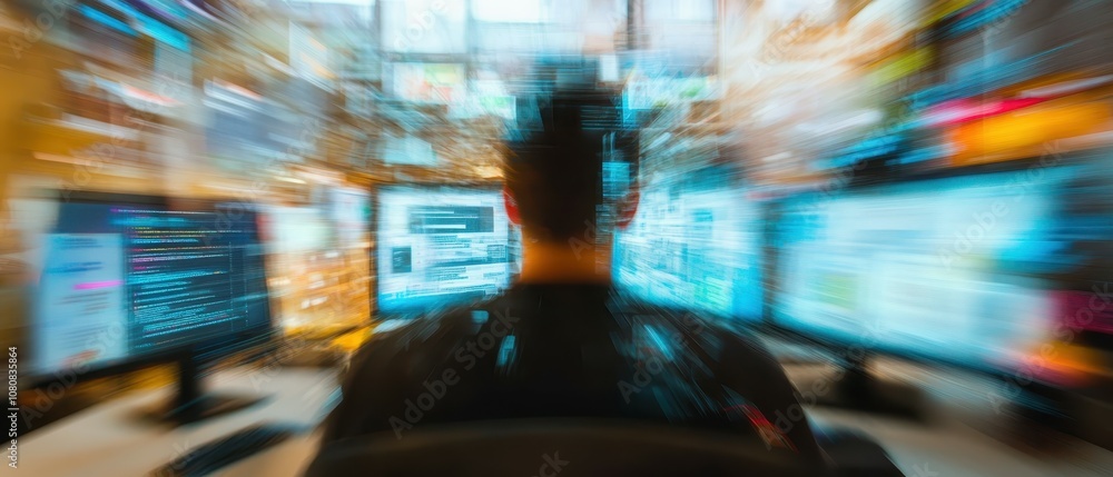 Poster Focused Worker Engaged in Multi-Tasking with Multiple Blurred Chat Windows Open on Computer Screens in a Dynamic Work Environment