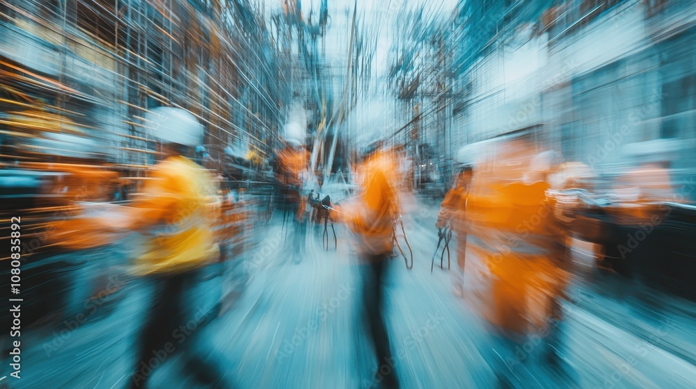 Poster action-packed scene of construction workers using tools at building site demonstrating dynamic movem