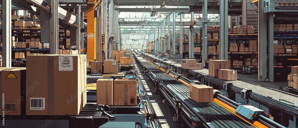 Poster busy distribution center featuring conveyor belts for efficient package movement and sorting in a mo