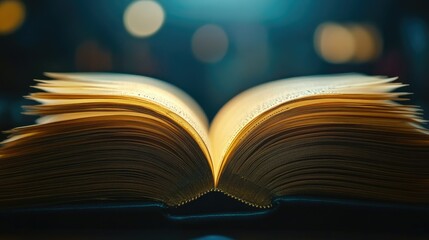 Fototapeta premium Open book with yellowed pages glowing under a focused light beam, dark background for contrast